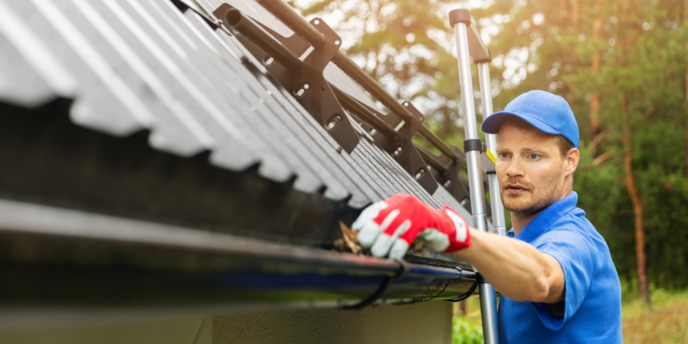 Man cleaning roof gutters. Featured image for “How Long Does Gutter Cleaning Take?”