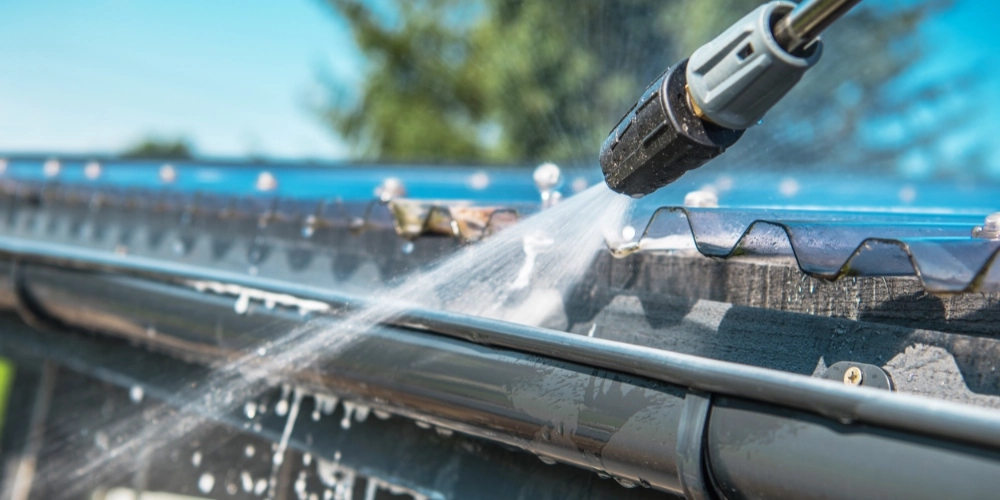 Cleaning roof gutters using a pressure washer. Featured image for “When is the Best Time for Gutter Cleaning”.
